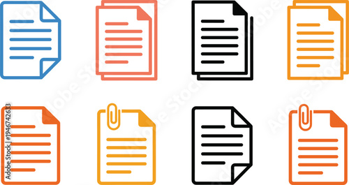Document file and paper line icon set with report page attachment office symbols minimal outline vector illustration collection