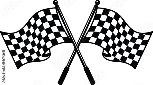 Black and white checkered racing flags crossed, waving checkered flag design