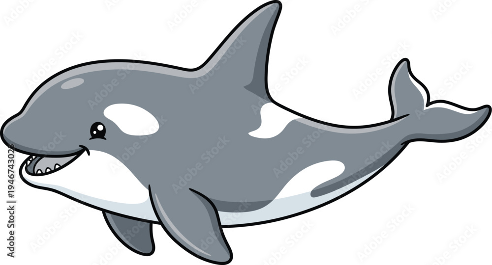 Obraz premium A cheerful cartoon orca with a big smile and white spots