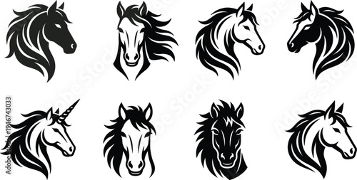 Horse head silhouette icon set wild stallion equine mascot logo collection black animal profile vector illustration design elements