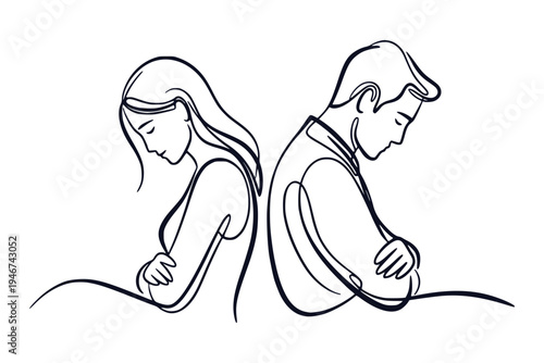 Back to back man and woman shown in simple line style on white background expressing concept of conflict and emotional tension. Concept of divorce, misunderstanding in family.