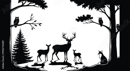 Forest wildlife silhouette scene with deer stag fawn owl fox trees nature woodland animals black vector landscape illustration