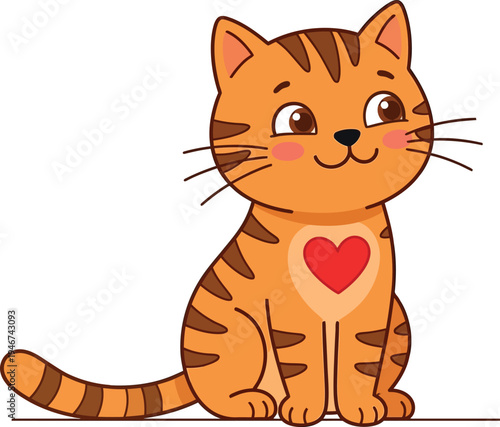 Adorable orange tabby cat with heart on chest, cute vector illustration of a happy feline friend, smiling and playful