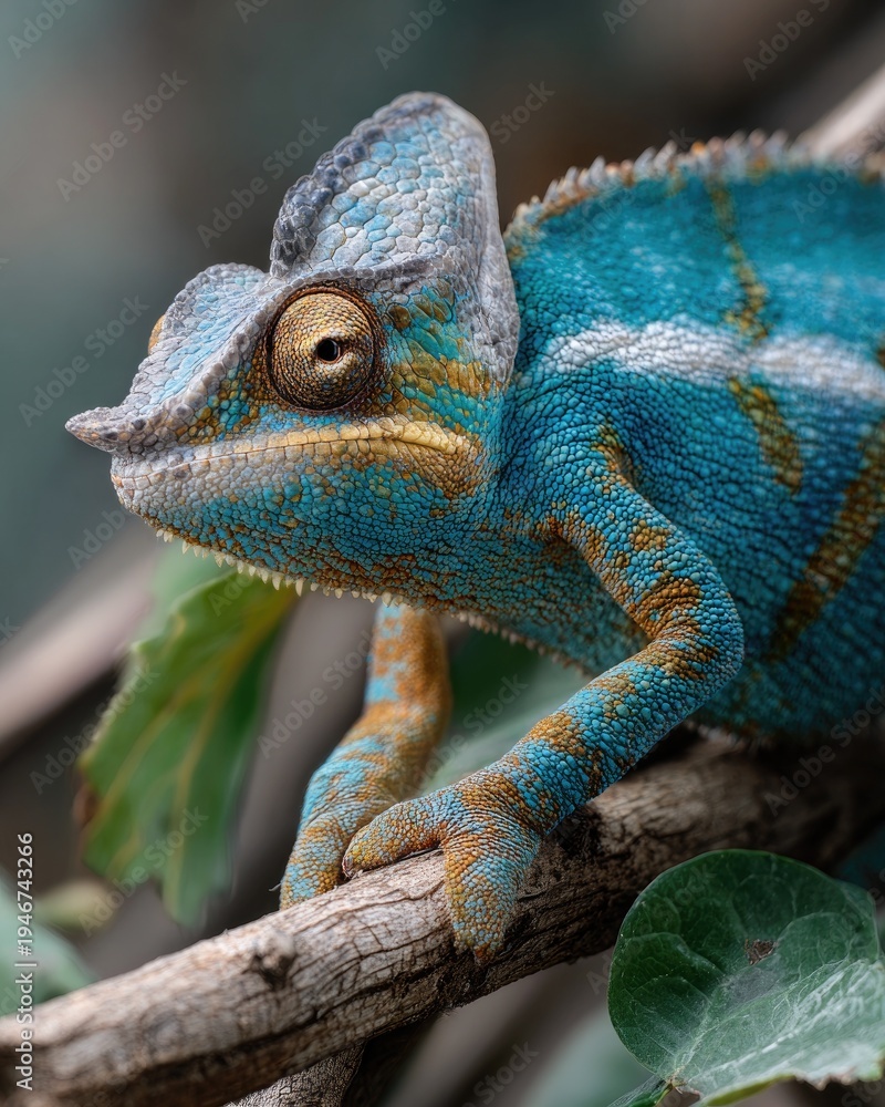 Obraz premium Blue panther chameleon on branch in Madagascar forest with detailed skin scales wildlife portrait