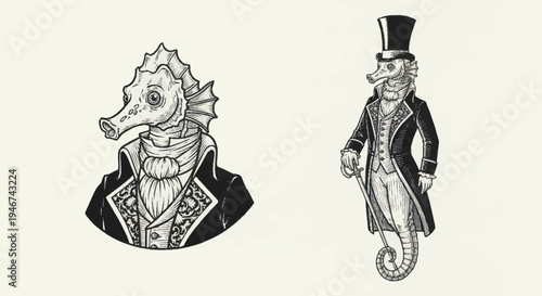 Victorian Era Dressed Seahorse Characters in Formal Attire.