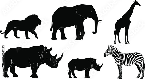 Large set of black safari animal silhouettes including elephant lion giraffe rhinoceros and zebra isolated on white background for wildlife design,