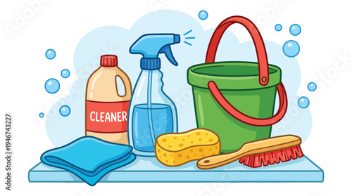 Colorful vector illustration of cleaning supplies on a shelf
