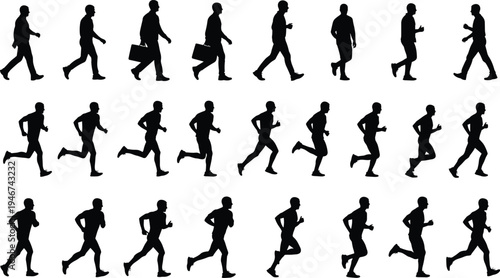 Running man silhouettes set walking businessman jogging athlete movement action black vector illustration collection