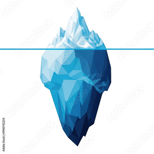 A low poly style blue iceberg partially submerged in water on transparent background