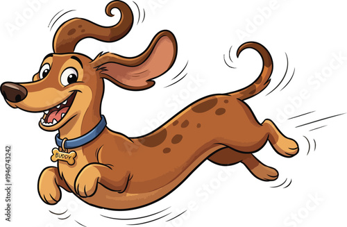 A cheerful brown dachshund dog with a blue collar and a bone-shaped name tag runs with motion lines around it