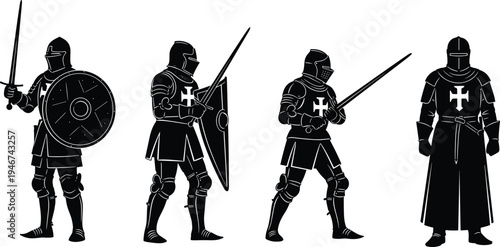 Medieval knight silhouette set crusader warrior armor sword shield templar cross soldier standing combat pose vector illustration collection
