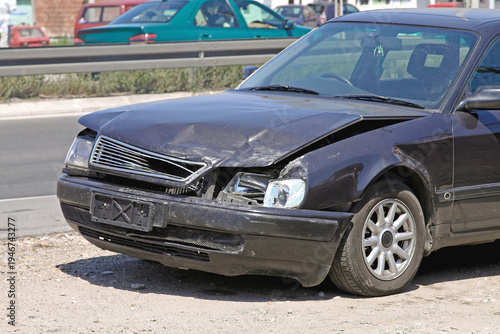 Black Limo With Crashed Front Bumper Traffic Accident at City Street