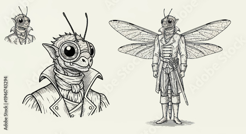 Steampunk Insectoid Character Design Sketch.