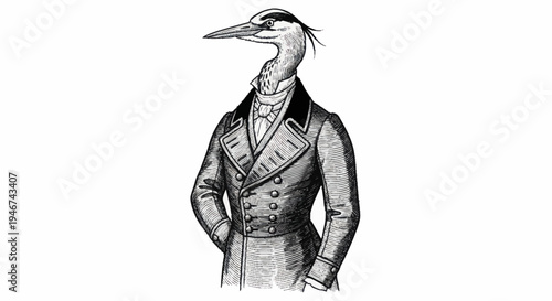 Elegant Heron Bird Dressed in Vintage Formal Attire.