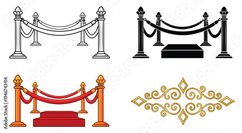 Luxury red carpet barrier stanchion rope set with decorative ornament elegant event entrance vip velvet rope vector illustration