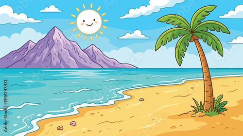 A cartoon beach scene with a palm tree, sunny sky, and ocean waves, featuring a mountain in the background, evoking a sense of tropical paradise.