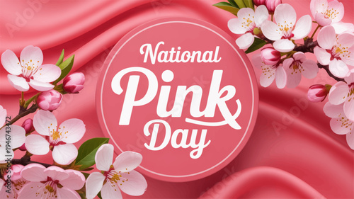 National pink day social media illustration with cherry blossoms and pink fabric background
