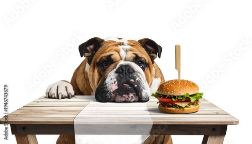 A bulldog looks at a burger on a wooden table. Its paws rest on the table. The background is white