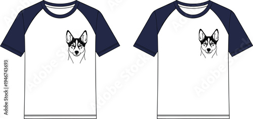 Two raglan t-shirt templates with navy blue sleeves and white bodies featuring a black and white husky dog line illustration.