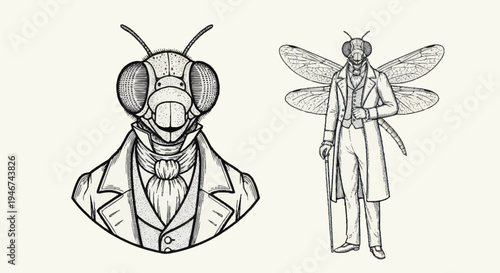 Steampunk Insect Man Portrait and Full Body Illustration.