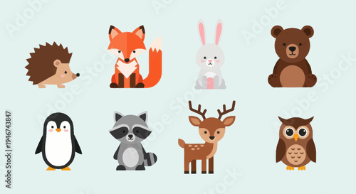 Collection of Cute Cartoon Forest and Arctic Animals.