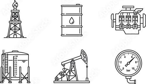 Oil and gas industry line icons set refinery barrel pump jack storage tank engine pressure gauge energy production vector illustration