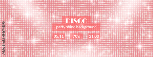 Disco party shine background. Girly coquette glitter texture with pink mosaic and spotlight. Vector disco gradient. Square mosaic with rose gold. Glamour luxury backdrop template for event invitation.