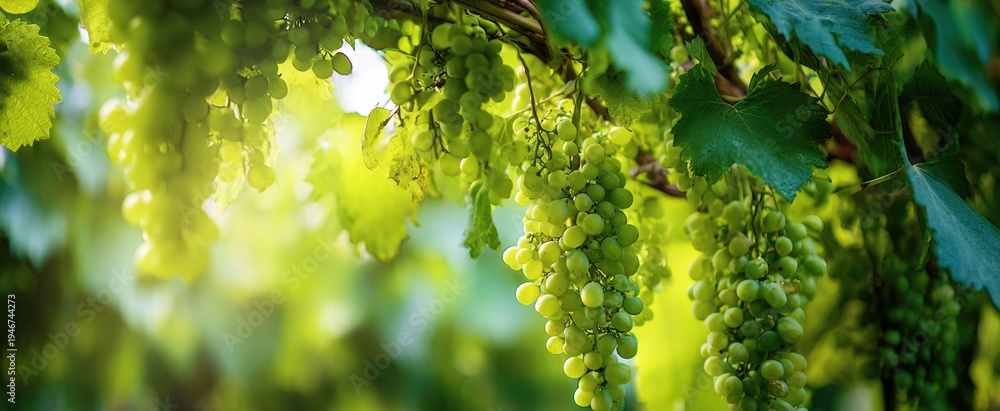 Fototapeta premium The Green Grapes Hanging on Vineyard Vines in Warm Sunlit Summer Morning