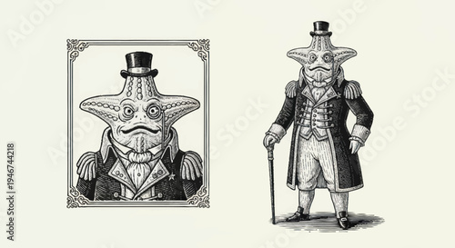 Whimsical Anthropomorphic Creature in Victorian Attire.