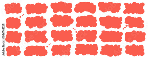 Red cloudy shapes set. Squishy text boxes with frame fluffy label. Wavy sticker promo badge with cute sale design. Doodle icon with think frame, background. Vector fluffy label shape for promo text.