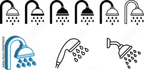 Shower head bathroom icons set water spray shower faucet hygiene sanitation plumbing equipment modern flat vector illustration collection