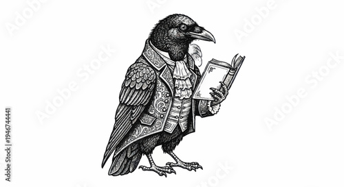 Intelligent Raven Dressed in Victorian Attire Reading a Book.