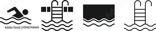 Swimming pool and water sport icon set with swimmer ladder pool symbols minimal outline solid vector illustration collection