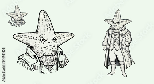 Anthropomorphic Starfish Character in Historical Costume.