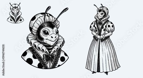Anthropomorphic Ladybug Character in Victorian Attire.