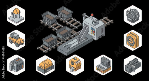 Isometric Industrial Mining Factory and Components Set.