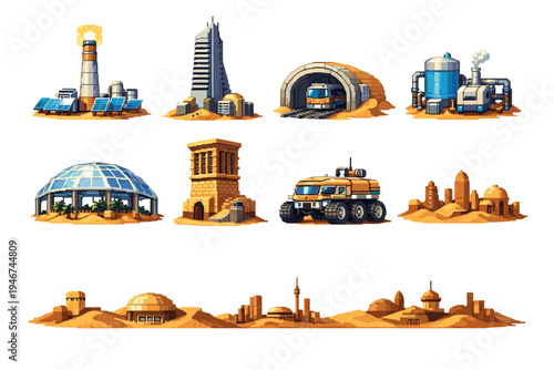 Pixel art desert settlement icons showing futuristic buildings, domes, industrial facilities, rover vehicle, and sandstone ruins in sandy landscape