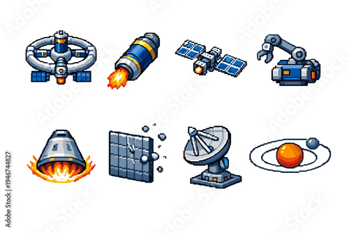 Pixel art space technology icons set featuring a space station, rocket booster, satellite, robotic arm, reentry capsule, solar panels, radar dish, and planet