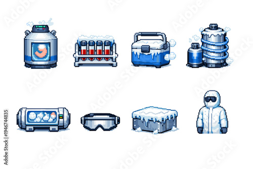 Pixel art cryogenic laboratory equipment set featuring coolant tanks, test tubes, ice chest, protective goggles, frozen block, and hazmat suit