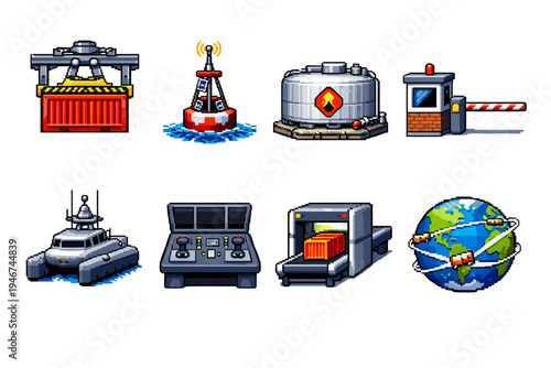 Pixel art logistics and security icons featuring cargo crane, radio buoy, fuel tank, checkpoint gate, patrol boat, control console, xray scanner, and globe