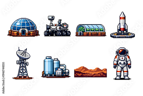 Pixel art space exploration icons featuring dome habitat, rover, greenhouse, rocket, satellite dish, water tanks, rocky terrain, and astronaut suit