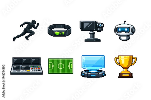 Pixel art icon set featuring running athlete, fitness tracker, video camera, robot assistant, control panel, soccer field, holographic screen, and trophy cup