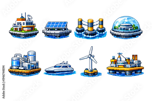 Pixel art isometric offshore platforms set featuring floating habitat dome, solar array, wind turbine, industrial rigs, ship, and research facility
