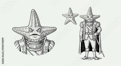 Vintage Illustration of a Starfish Creature in Military Attire.