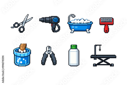 Pixel art grooming and pet care tool set featuring scissors, dryer, bubbly bathtub, brush, shampoo bucket, nail clippers, bottle, and wash station