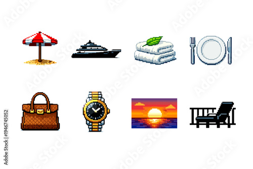 Pixel art icons of luxury vacation essentials featuring beach umbrella, yacht, spa towels, dinner setting, handbag, wristwatch, sunset, and lounge chair