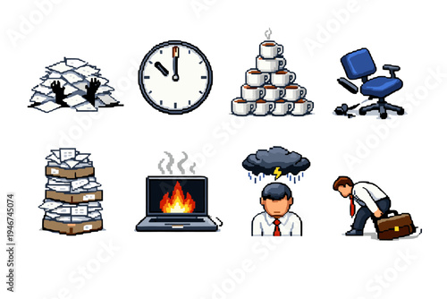 Pixel art office stress and burnout icons showing paperwork overload, deadline clock, coffee stack, broken chair, laptop fire, storm cloud, exhausted worker