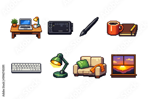 Pixel art home office and cozy living room icons featuring desk with laptop, drawing tablet and stylus, coffee and book, keyboard, lamp, sofa, and sunset window