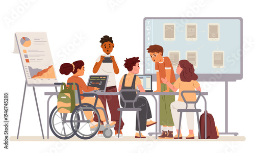 Diverse school children working together on educational project at desk with laptops flat vector illustration.