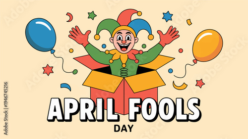 Colorful april fools day vector illustration of a jester jumping out of a box with balloons and confetti
